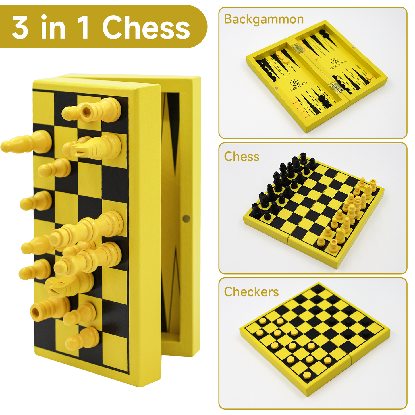 3 In 1 Wooden Chess Board,Chess Magnetic Table Game Portable Foldable Mini Travel Games Set