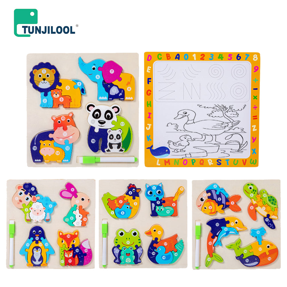 Double-sided animal parent-child 3D puzzle + handwriting board