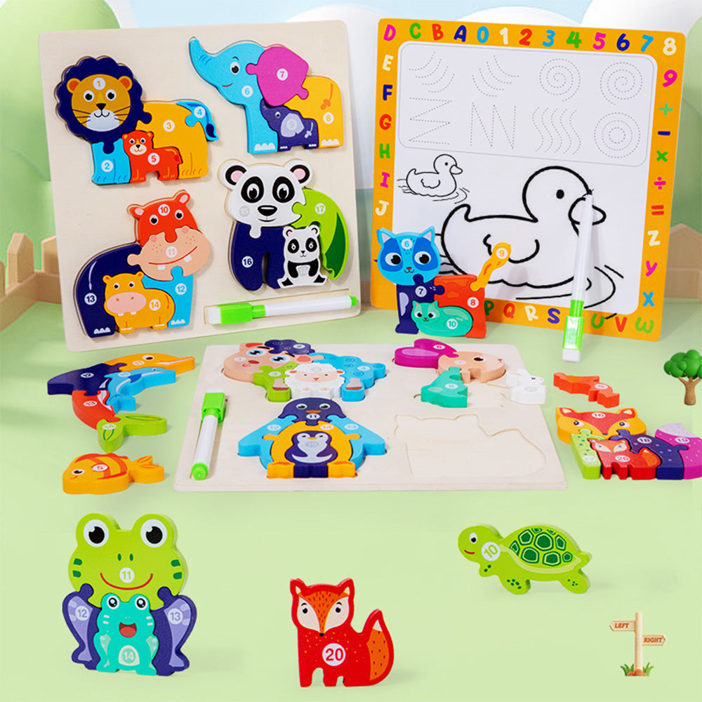 Double-sided animal parent-child 3D puzzle + handwriting board