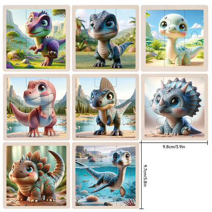 8-Pack Wooden Dinosaur Educational Jigsaw Puzzle Boards