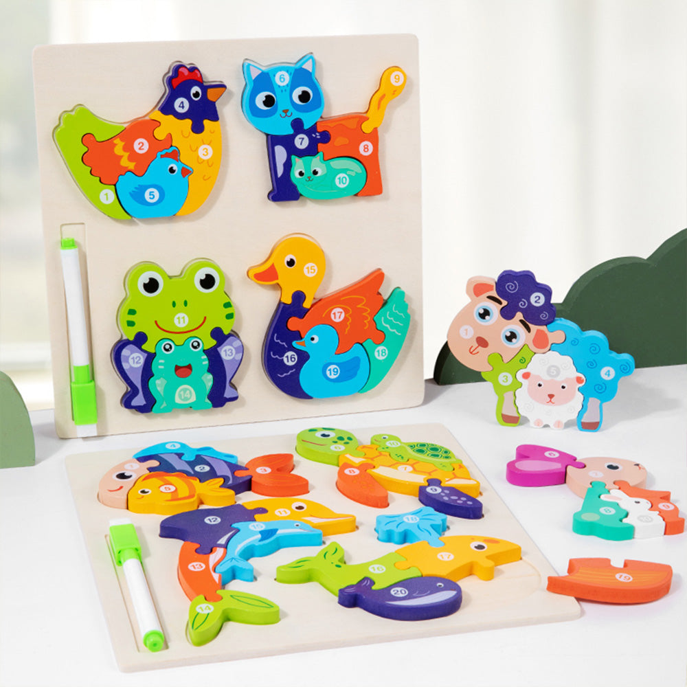 Double-sided animal parent-child 3D puzzle + handwriting board