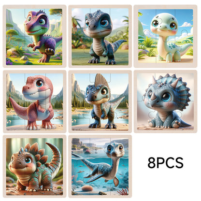 8-Pack Wooden Dinosaur Educational Jigsaw Puzzle Boards