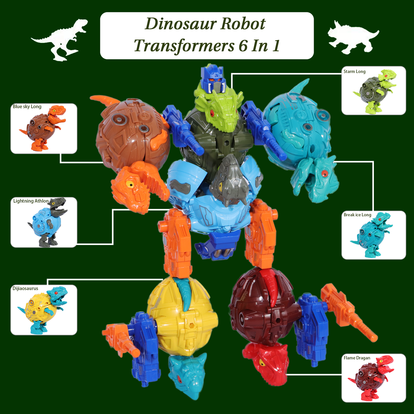 Set of 6 Dinosaur Eggs, Dinosaur Robot Transforming Toy